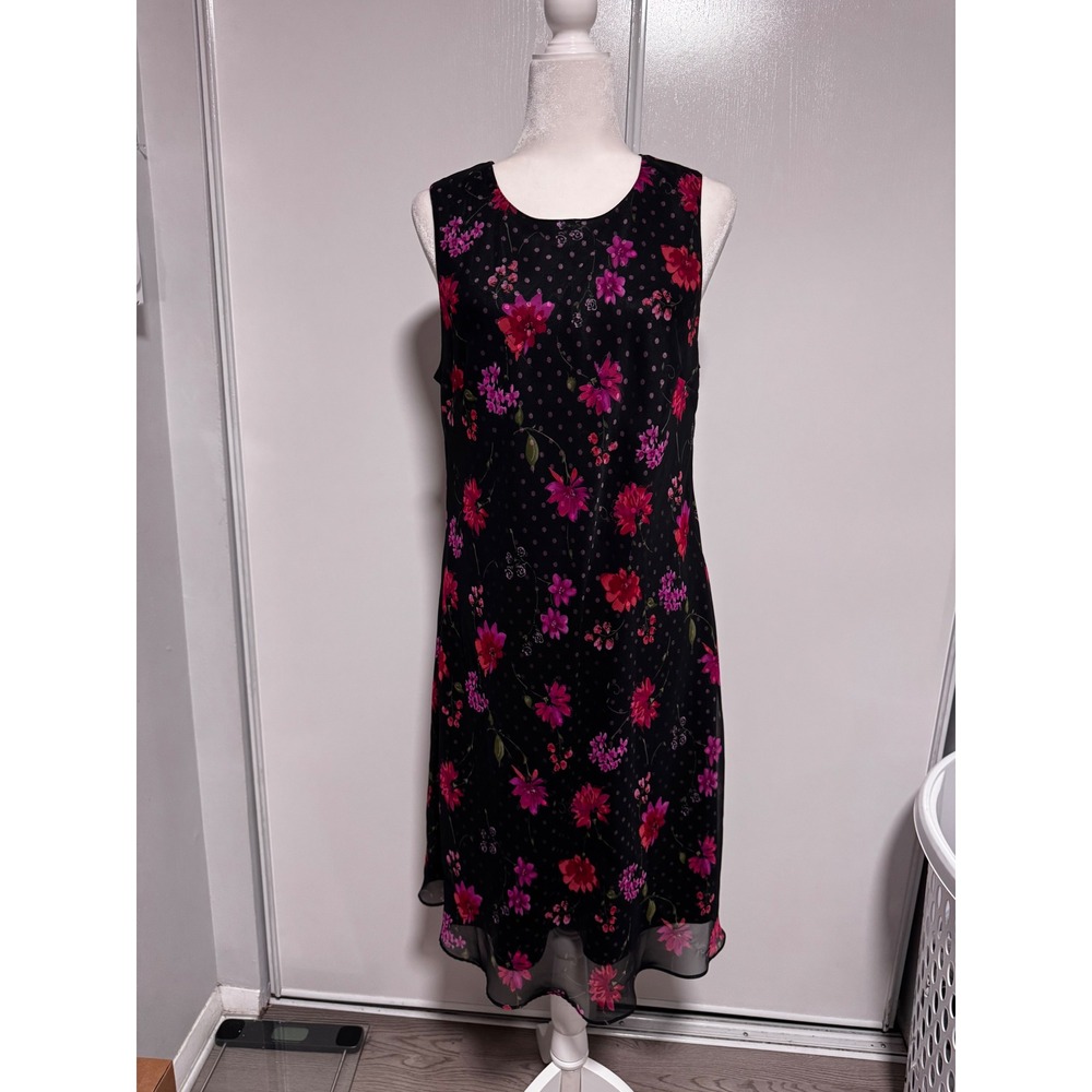 Amanda Smith Floral Polka Dot Sleeveless Sheath Midi Dress Black Pink Size 14